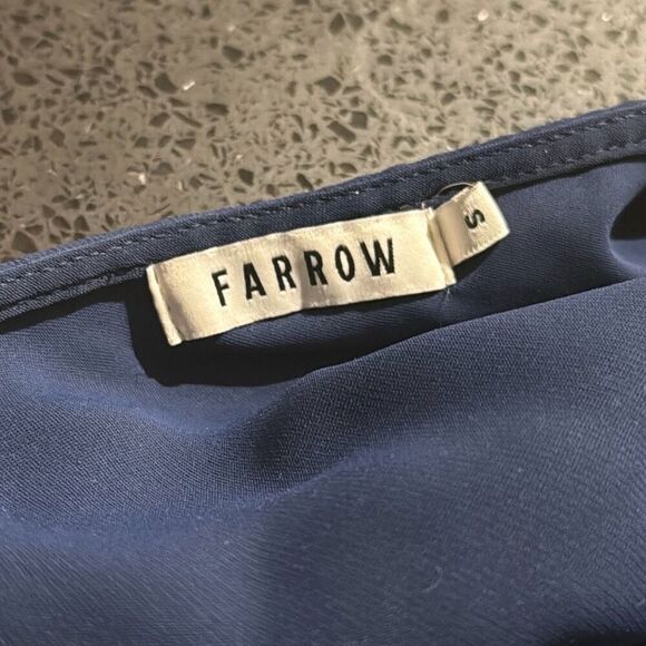 Farrow Navy Blue Puff Sleeve Tulip Hem V-Neck Maxi Dress Size Small Fair Cond - Picture 3 of 9